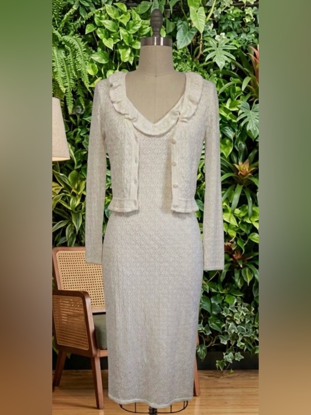 Cream Long-Sleeve Knit Midi Dress with Ruffle Trim